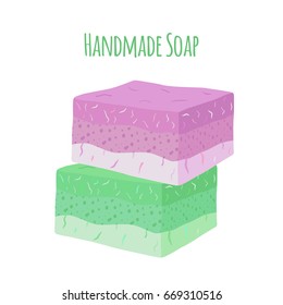 Handmade aroma soap. Natural hygiene product for health. Made in cartoon flat style