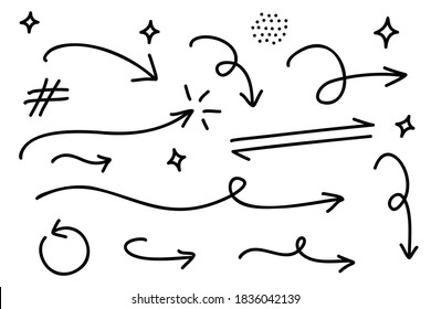 Doodle de flechas hechas a mano. Los símbolos de esbozo dibujados a mano establecen la marca de dirección en un fondo blanco. elementos de diseño gráfico de ilustración vectorial