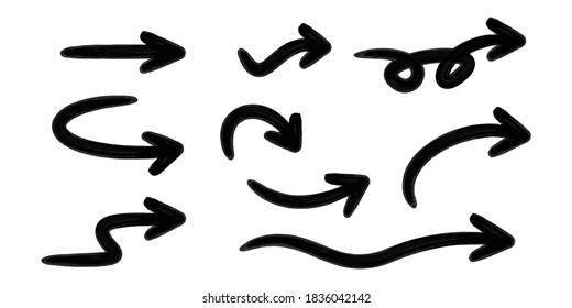 Handmade arrows doodle. Hand drawn brush sketch symbols set direction mark on a white background. vector illustration graphic design elements