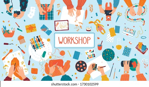 Handmade arts and crafts workshop sewing creative hands make sweets, toys and painting, supplies, tools, design elements flat vector illustration poster, invitation. Handmade cosmetics, food workshop.