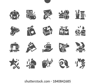 Handmade arts and crafts workshop. Sewing with beads, floss thread, stitch fancywork, machine embroidery. Vector Solid Icons. Simple Pictogram