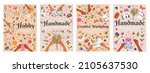 Handmade arts and hobbies posters, creative workshop crafts. Creative handicraft workshop covers vector illustration set. Sewing and knitting handmade crafts cards. Handmade hobby craft