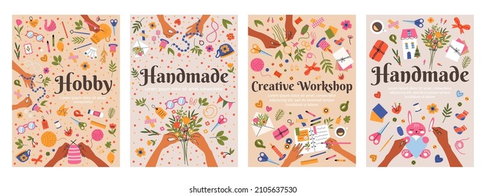 Handmade arts and hobbies posters, creative workshop crafts. Creative handicraft workshop covers vector illustration set. Sewing and knitting handmade crafts cards. Handmade hobby craft