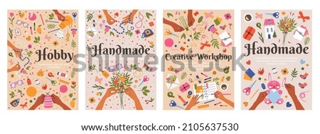 Handmade arts and hobbies posters, creative workshop crafts. Creative handicraft workshop covers vector illustration set. Sewing and knitting handmade crafts cards. Handmade hobby craft Stock foto © 