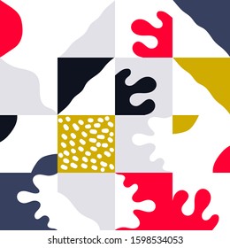Handmade artwork pattern with simple geometrical forms and hand-drawn shapes. Abstract vector composition, useful for backgrounds, poster design, fabric prints, invitation letters.
