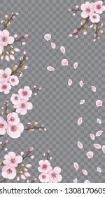 Handmade background in Chinese style. Fresh sakura flower frame vertical. Magenta on transparent background. The idea of textile design, wallpaper, packaging, printing, story.