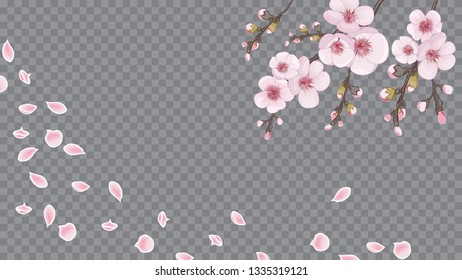 Handmade background in Chinese style. Rose on transparent fond. Design element for fabric, invitations, packaging, cards. Festive frame of sakura flowers.