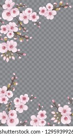 Handmade background in Chinese style. Theme design fabric, invitations, packaging, cards, story. Spring frame vertical of sakura flowers. Rose on transparent fond.