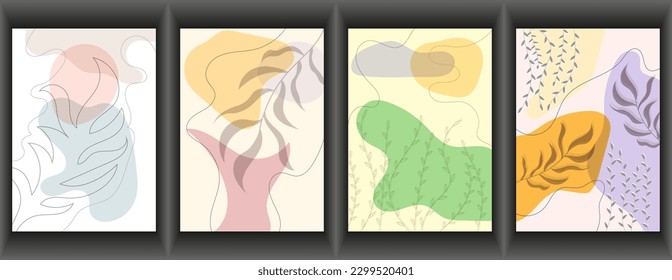 Handmade background layout with arbitrary shapes, plant elements and wavy lines. Modern, abstract design for social networks, websites, stylish interior and creative ideas