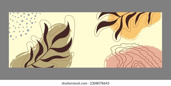 Handmade background layout with arbitrary shapes, plant elements and wavy lines. Modern, abstract design for social networks, websites, stylish interior and creative ideas