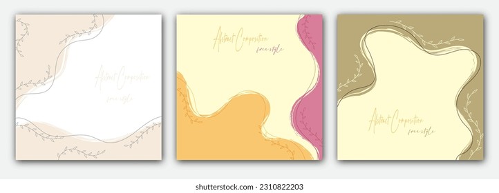 Handmade background layout with arbitrary shapes, plant elements and wavy lines. Modern, abstract design for social networks, websites, stylish interior and creative ideas