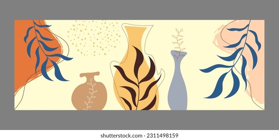 Handmade background layout with arbitrary shapes, plant elements and wavy lines. Modern, abstract design for social networks, websites, stylish interior and creative ideas