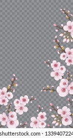 Handmade background in oriental style. Festive frame vertical of sakura flowers. Pink on transparent background. The idea of textile design, wallpaper, packaging, printing, story.