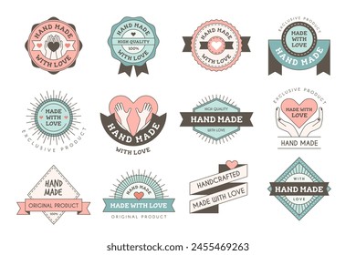 Handmade badges. Emblems or logos for made with love crafting design projects recent vector hand made templates with place for text