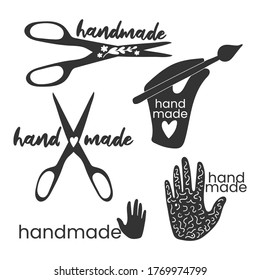 Handmade. Badges, labels and logo elements, retro symbols for handcrafted shop, hand made product, package. Vector emblem illustration