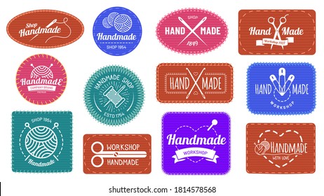 Handmade badges logo, graphic logotype tag label, quality handmade company, craft tailor and sewing, vector illustration