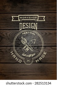 Handmade badges logos and labels for any use, on wooden background texture