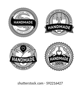 Handmade badges. Retro labels and vintage tags for package design of hand made products. Vector set of hand logos in hipster style