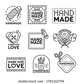 Handmade badges set. Emblems and logos for cross stitching, sewing, knitting theme design. Black vector illustrations on white background