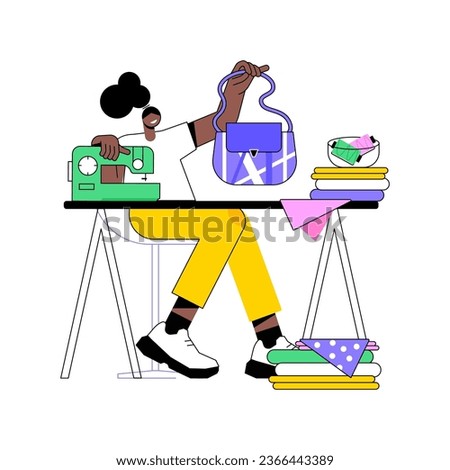 Handmade bags isolated cartoon vector illustrations. Smiling woman with handcraft bag, accessories made from recycled materials, small business, fashion industry, upcycling idea vector cartoon.