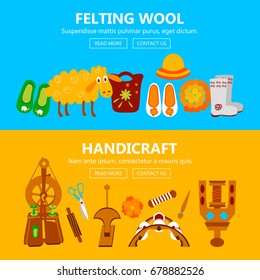 Handmade banners with instruments for felting. Vector illustration of objects for handicraft.