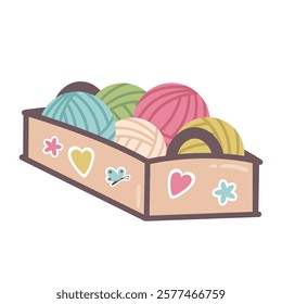 Handmade basket with balls of yarn isolated on white background. Yarn and threads. Cardboard box with cute colour stickers. Hand drawn Knitting supplies, elements for hobby. Needlework. Vector