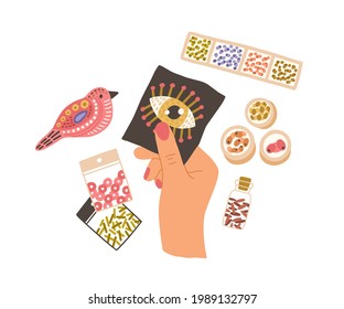 Artesanía de abalorios hecha a mano sobre lienzo en mano femenina. Bordados y joyas de objetos coloridos. Paquetes, contenedores, cajas de almacenamiento para objetos artesanales. Ilustración vectorial plana aislada en fondo blanco