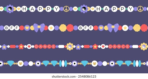 Handmade beads bracelets 2000s seamless pattern. Retro necklace background of friendship elements for textile, print, wrapping paper, fabric, cover, wallpaper. Vector