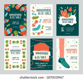 Handmade big sale invitation flyers set. Knitted socks, mittens, yarn vector illustrations with text, date and time. Fashion and hobby concept for announcement posters and leaflets design