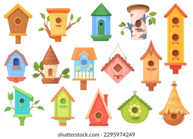 Handmade birdhouses. Crafted birdhouse with feeder on tree branch, cartoon wooden house for bird spring or autumn environment, homemade birds nest neat vector illustration of birdhouse collection