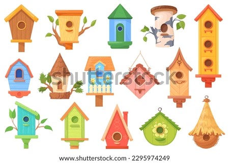 Handmade birdhouses. Crafted birdhouse with feeder on tree branch, cartoon wooden house for bird spring or autumn environment, homemade birds nest neat vector illustration of birdhouse collection Сток-фото © 