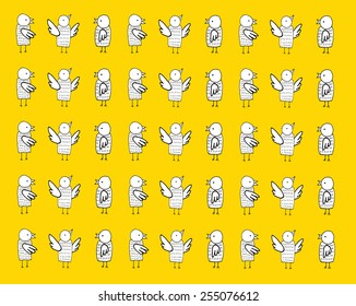 Handmade birds on yellow background pattern