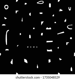 Handmade black geometric abstract shapes. Tiny objects cut out shapes Seamless black pattern with white objects. Stylish repeating texture. Modern. Simple. Cut paper. Trendy.