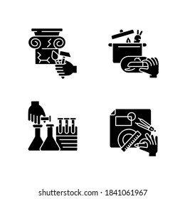 Handmade black glyph icons set on white space. House renovation. Building restoration. Home cook. Chemistry and science project for school. Silhouette symbols. Vector isolated illustration