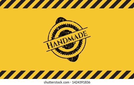 Handmade black grunge emblem inside yellow warning sign. Vector Illustration. Detailed.