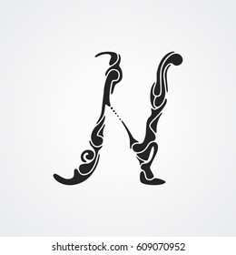 Handmade black letter symbol N. Abstract capital letters with swirl. Vector ABC illustrations.