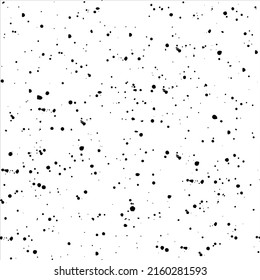 Handmade black splatter on white background. Seamless repeat pattern. Watercolor paint spatter, spots, dots, splashing in different sizes. Backdrop for overlay or montage. Vector illustration.