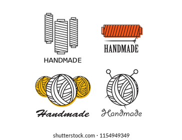 Handmade black thin line icons on white background. Handmade workshop logo set eps10