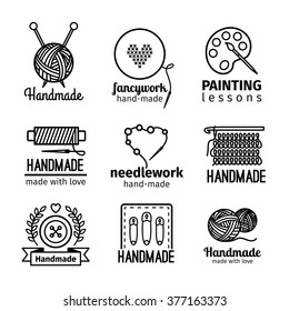 Handmade black thin line icons on white background. Handmade workshop logo set for painting cross stitching sewing and knitting. Vector illustration