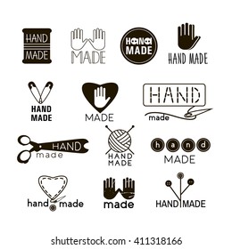 Handmade black and  thin line icons isolated on white. Set of hand made labels, badges and logos for design. Handmade workshop logo set. Vector illustration