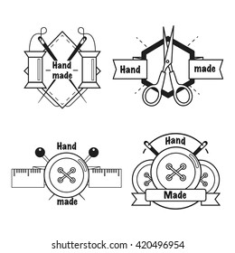 Handmade black thin line icons on white background. Handmade workshop logo set for sewing.Vector illustration