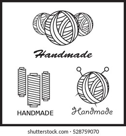 Handmade black thin line icons on white background. Handmade workshop logo set