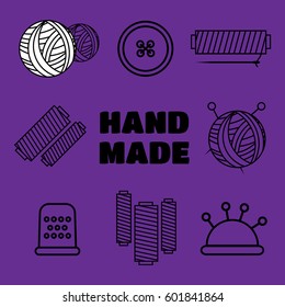 Handmade black thin line icons on white background. Handmade workshop logo set