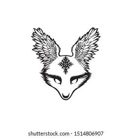 A hand-made black and white illustration of a fox with large wings instead of ears, vector