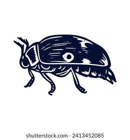 Handmade blockprint bug motif clipart in folkart scandi style. Simple monochrome linocut insect shapes with naive rural lineart.