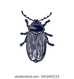 Handmade blockprint bug motif clipart in folkart scandi style. Simple monochrome linocut insect shapes with naive rural lineart.