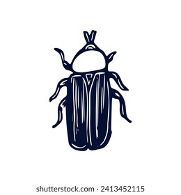 Handmade blockprint bug motif clipart in folkart scandi style. Simple monochrome linocut insect shapes with naive rural lineart.