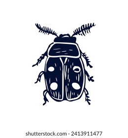 Handmade blockprint bug motif clipart in folkart scandi style. Simple monochrome linocut insect shapes with naive rural lineart.