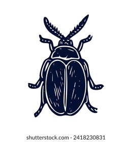 Handmade blockprint bug vector motif clipart in folkart scandi style. Simple monochrome linocut insect shapes with naive rural lineart.