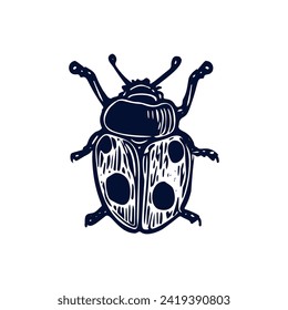 Handmade blockprint bug vector motif clipart in folkart scandi style. Simple monochrome linocut insect shapes with naive rural lineart.